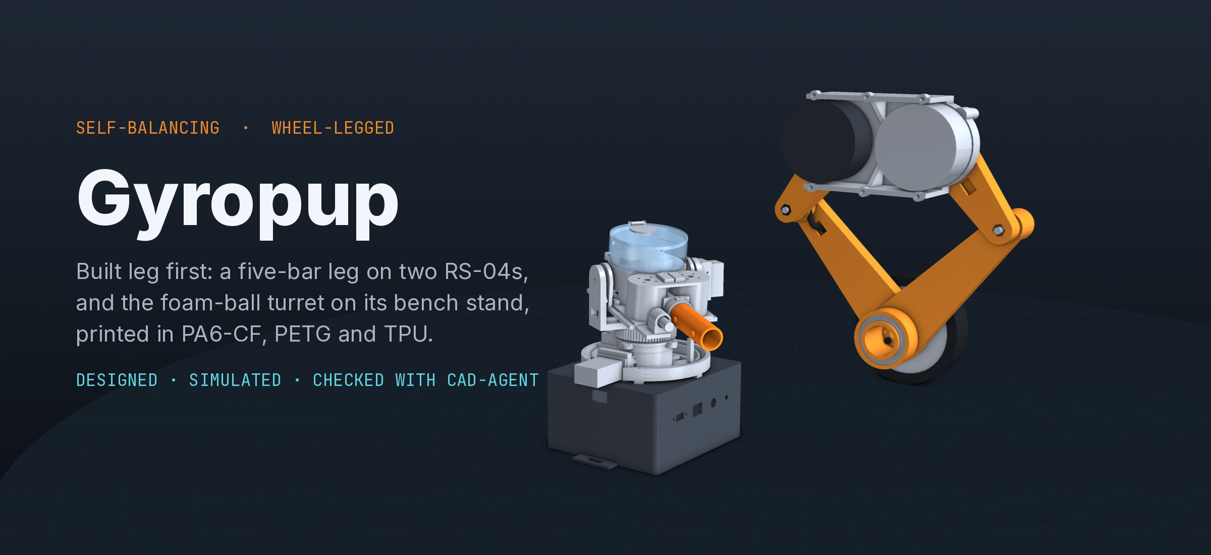 Gyropup's yellow five-bar leg and foam-ball turret, rendered from the project CAD